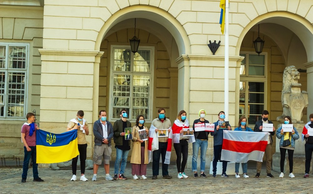 Lviv, Ukraine - 01 June 2021: Meeting in support of political prisoners in Belarus near Town Hall