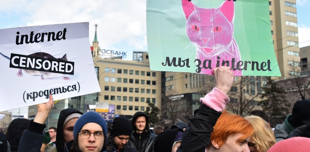 Protesters hold signs reading "Hello, We are For the Internet" during the March 2019 Internet Freedom Protests. Source: CC BY SA 4.0