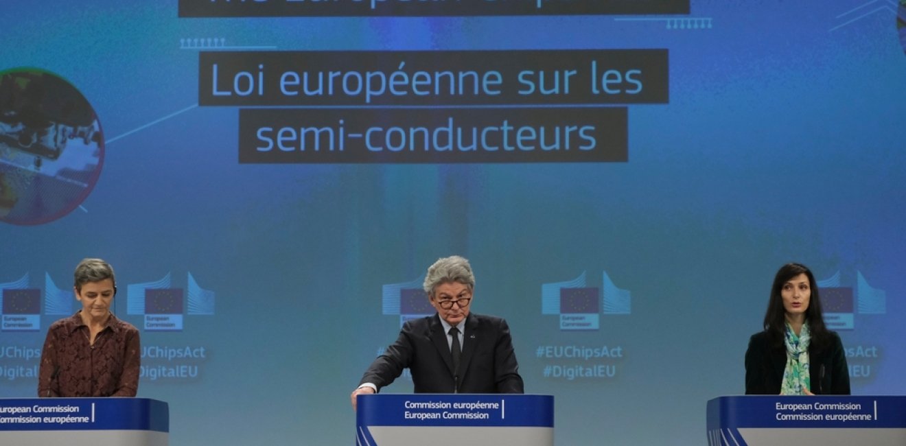 EU Commissioners Margrethe Vestager, Thierry Breton, and Mariya Gabriel giving a press conference on the European Chips Act in Brussels, Belgium on February 8 2022.