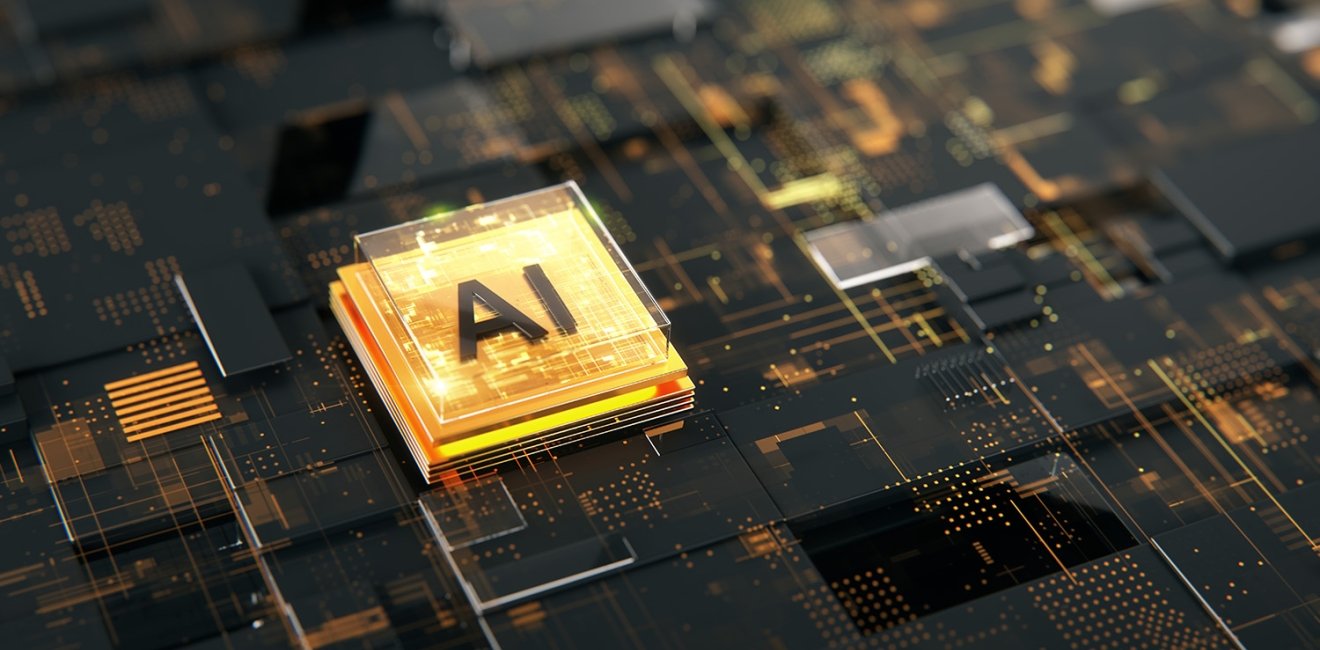 A graphic depicting a computer motherboard with a golden chip labeled AI