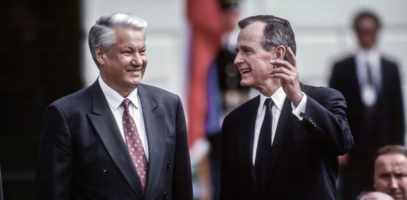 Washington DC, USA, June 16, 1992 United States President George H.W. Bush with Russian President Boris Yeltsin during official state visit to the White House.