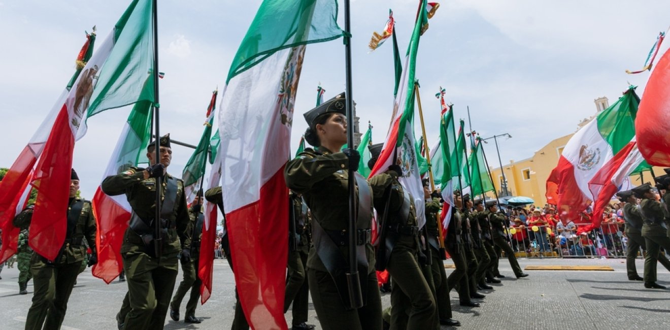 Puebla, Mexico; May 5, 2023: Mexican soldiers and cadets march in the civic parade of the battle of May 5 in the state of Puebla.