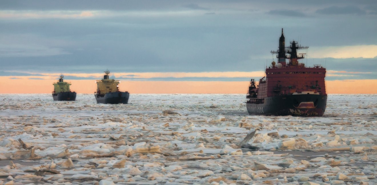 Russian icebreakers sail in the North Sea.