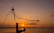 Silhouette of fisherman throwing net on the lake, Shutterstock