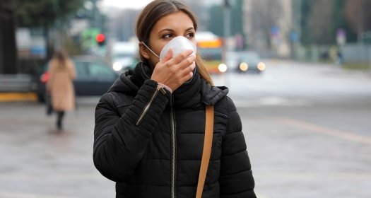 COVID-19 Pandemic Coronavirus Woman in city street wearing protective face mask 