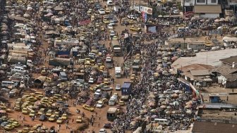 A view bustling downtown Monrovia by helicopter. Photo by UN capital city from a helicopter of the United Nations Mission in Liberia.