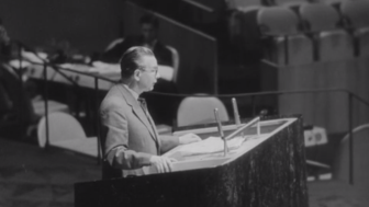 Polish Foreign Minister Adam Rapacki speaks before the United Nations on the denuclearization of Central Europe. Source: UN Audiovisual Library, #2232383.