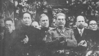 Mao at Stalin's side on a ceremony arranged for Stalin's 71th birthday in Moscow in December 1949