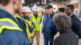 President Joe Biden receives a briefing on the response and recovery efforts in response to the 2023 Norfolk Southern train derailment, Friday, February 16, 2024, in East Palestine, Ohio. (Official White House Photo by Adam Schultz)