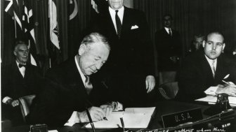 Herman Phleger signs the Antarctic Treaty on December 1, 1959. Source: ATS Image Bank,CC BY-NC-SA 3.0