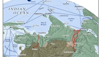 A map shows Gwadar port with red lines representing real and proposed infrastructure and blue lines representing major sea lanes.