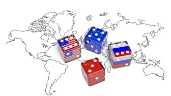 A  map of the world with dice representing the flags of the U.S., the EU, China, and Russia