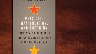 A copy of the book Prestige, Manipulation, and and Coercion by Joseph Torigian on a brown background