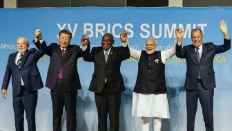  From left, Brazil's President Luiz Inacio Lula da Silva, China's President Xi Jinping, South Africa's President Cyril Ramaphosa, India's Prime Minister Narendra Modi and Russia's Foreign Minister Sergei Lavrov pose for a BRICS group photo during the 2023 BRICS Summit at the Sandton Convention Center in Johannesburg, South Africa, Wednesday, August 23, 2023. (Gianluigi Guercia/Pool via AP)