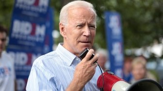 Former Vice President Joe Biden speaking with supporters at a pre-Wing Ding rally at Molly McGowan Park in Clear Lake, Iowa.