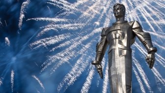 Monument to Gagarin in Moscow with fireworks in background