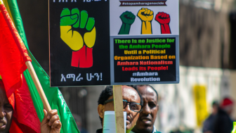 Protesters gather in London in response to the Amhara conflict on May 20, 2023.