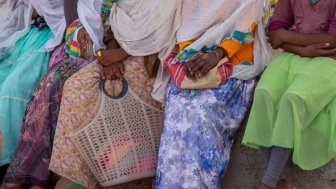 Tigray women resting in street market in center of Aksum