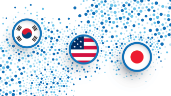 Icons with the flags of South Korea, the United States, and Japan on an abstract blue background that connects them with dots.