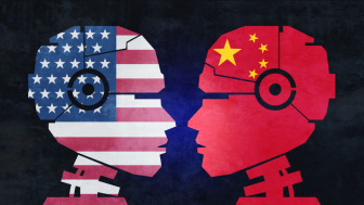 Robots with US and Chinese flags stand face to face