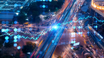 Stock market chart overlaid on a busy intersection