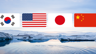 Photo of Arctic overlaid with flags of Japan, USA, China and South Korea