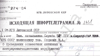 Karinauskas dispatched top-secret cipher telegram No. 3441 to the deputy chief of the Service A, Colonel M. A. Sotskov [Lev F. Sotskov], informing him of the measures the Lithuanian KGB planned to implement to tarnish the cause of Lithuanian independence