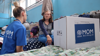 Hygiene kits are distributed among collective centers for internally displaced persons in Ivano-Frankivisk Region, Ukraine. Photo by IOM, used with permission.