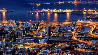 Table Bay and Harbor in Cape Town during Blue Hour circa February 2019