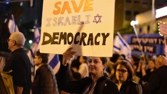 TEL AVIV, ISRAEL - February 25 2023: Israelis protest at Tel Aviv against Netanyahu's Judicial Coup