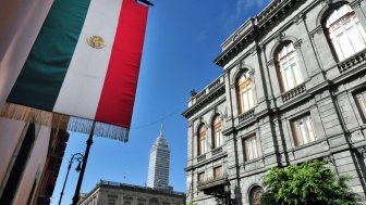 The Senate of the Republic of Mexico building and Latin-American Tower skyscraper in Mexico City, Mexico. 