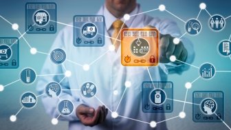 Unrecognizable pharmaceutical logistician using internet of things solution based on blockchain technology to secure data integrity of drug supply chain. Networking concept for distributed ledgers.