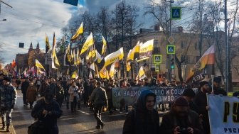 Traditionalists and nationalists participating in the 2018 Russian March in Moscow