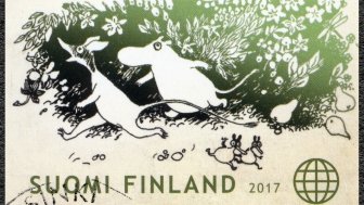 A stamp printed in Finland showing the characters of Tove Jansson's fairy tales.