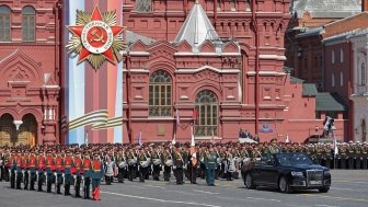 MOSCOW, RUSSIA - MAY 07, 2019: Rehearsal of the Victory Day celebration (WWII). Army General Oleg Salyukov preparing to travel before the formation of soldiers on the car Aurus