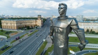 July 22, 2019: aerial view of Yuri Gagarin monument on Gagarin Square on a sunny summer day