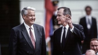 Washington DC, USA, June 16, 1992 United States President George H.W. Bush with Russian President Boris Yeltsin during official state visit to the White House.