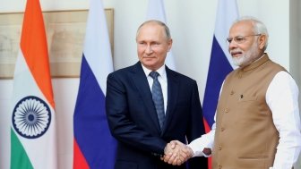 New Delhi, India June 20, 2020: Indian Prime Minister Narendra Modi's hugs Russian President Vladimir Putin before a meeting at Hyderabad House. sign a $5 billion deal to buy Russian S-400 air defense