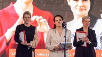 Svetlana Tikhanovskaya, the main opposition candidate for upcoming presidential elections in Belarus gives speech at her campaign rally in Minsk