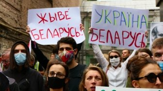 Political activists in Kyiv protesting against the dictatorship of president Lukashenko in Belarus.