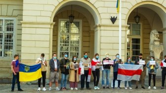 Lviv, Ukraine - 01 June 2021: Meeting in support of political prisoners in Belarus near Town Hall