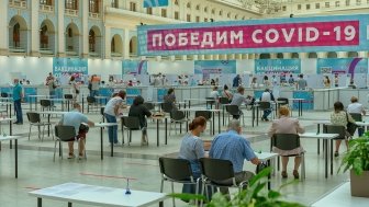 Russia, Moscow August 31, 2021 - At the vaccination station People are being vaccinated against coronavirus infection at Gostiny Dvor. Vaccine to protect against coronavirus (Covid-19) infection.