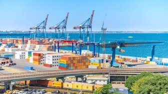 Color containers and cranes in the Odessa city port - the seaport of Ukraine on the Black Sea