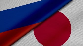 3D Rendering of two flags from Russian Federation and Japan together with fabric texture, bilateral relations, peace and conflict between countries, great for background