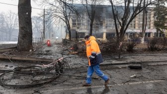 KYIV, UKRAINE - Mar. 02, 2022: War of Russia against Ukraine. View of a civilian sports club gym and sporting goods store damaged following a Russian rocket attack the city of Kyiv, Ukraine