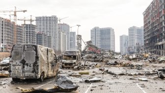  KYIV, UKRAINE – Mar. 29, 2022: War in Ukraine. Shopping center that was damaged by shelling on 21 March by a Russian attack in Kyiv, where according to emergency service, at least six people died