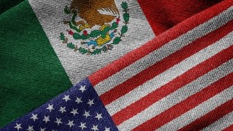 3D rendering of the flags of USA and Mexico on woven fabric texture.