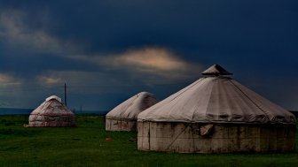 A Kazakh yurt of nomad family at grassland in Xinjiang, China.