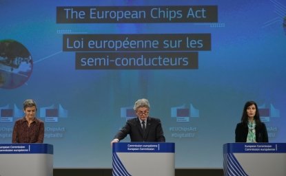 EU Commissioners Margrethe Vestager, Thierry Breton, and Mariya Gabriel giving a press conference on the European Chips Act in Brussels, Belgium on February 8 2022.