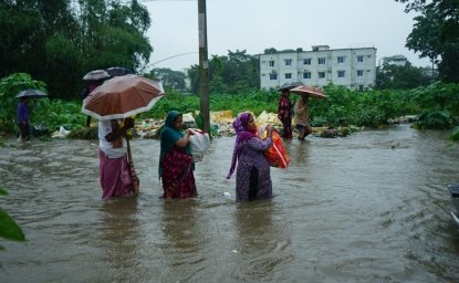 The flood situation in Sylhet, Bangladesh has flooded roads and houses.